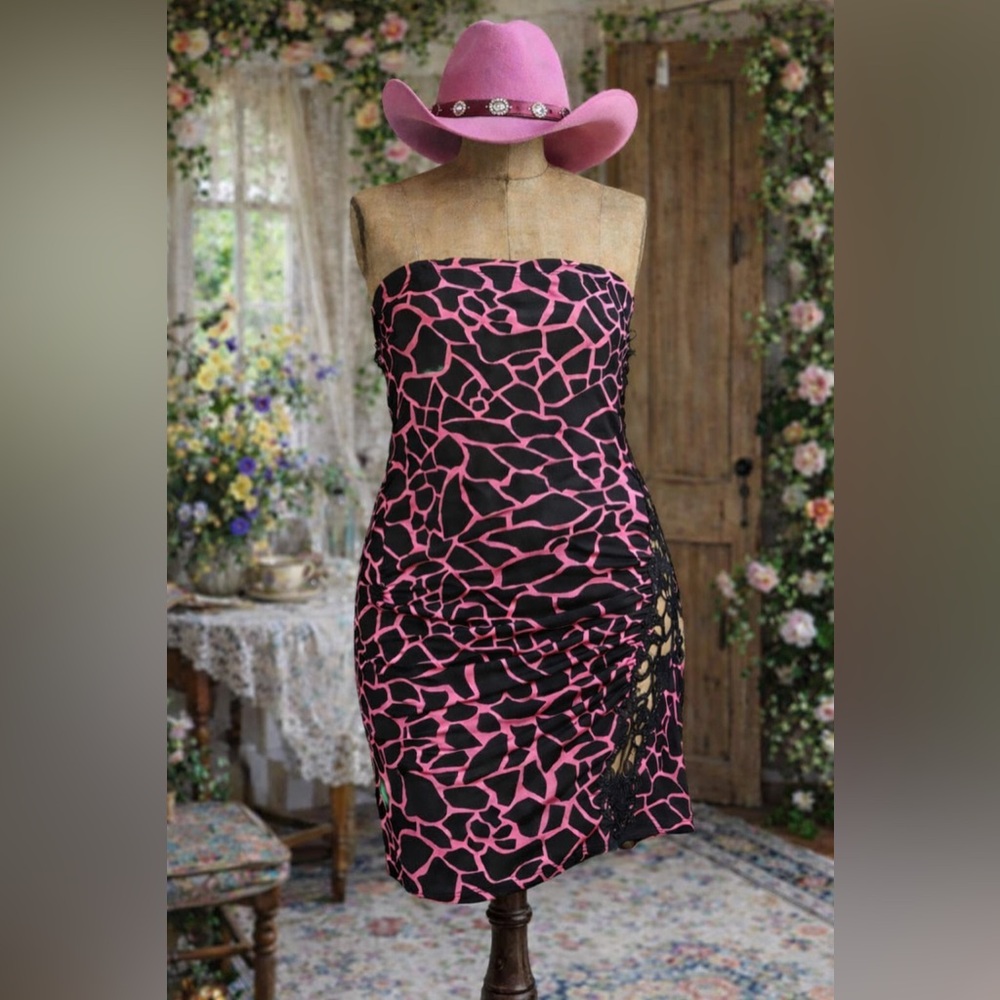 UK2LA Y2K Hot Pink Animal Print, Black Crochet Dress
